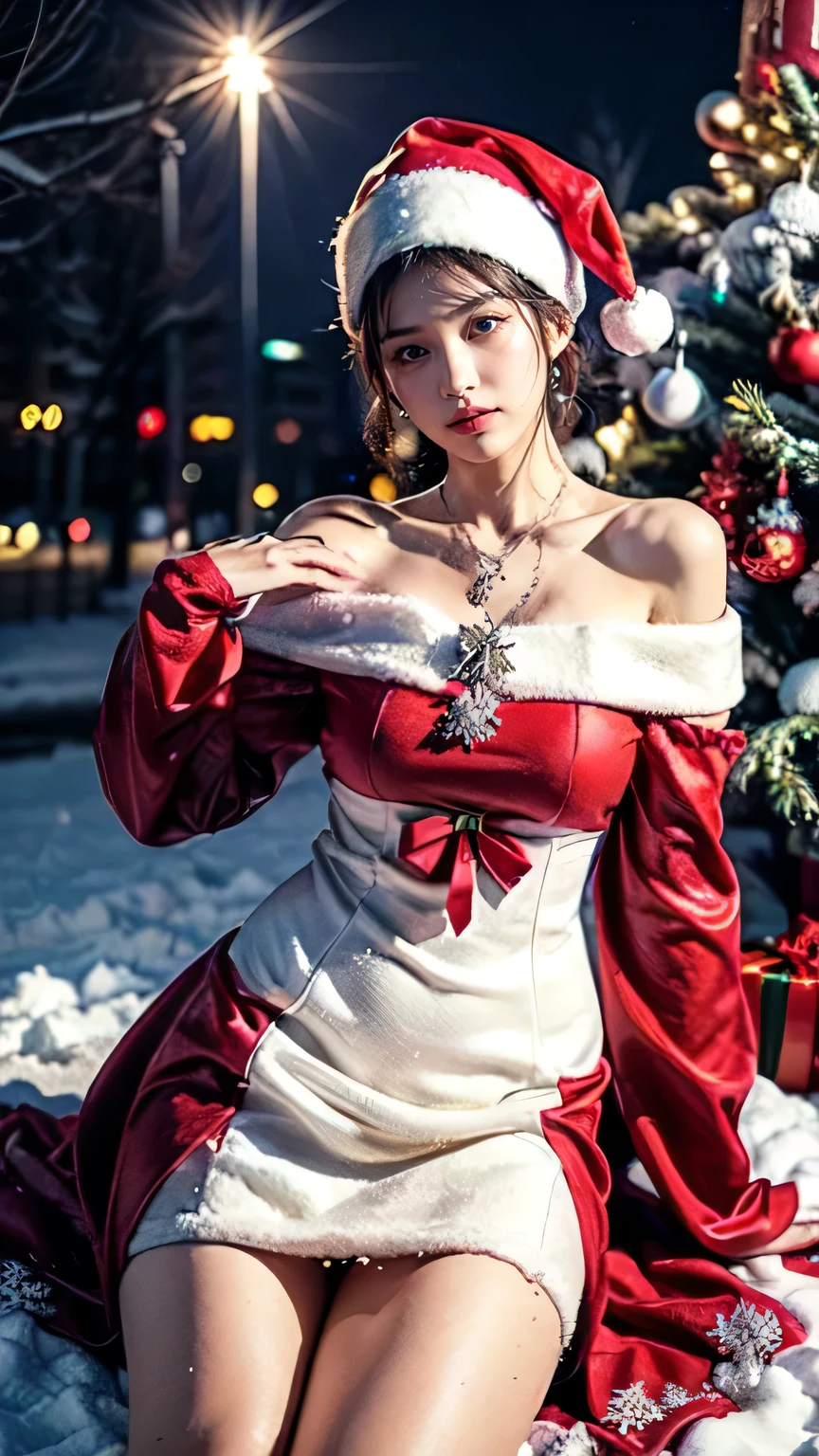 (realistic:1.3), finely detailed, quality, rembrandt lighting, (masterpiece:1.2), (photorealistic:1.2), (best quality), (detailed skin:1.3), (intricate details), dramatic, ray tracing, 1girl, japanese girl, 21 years old, detailed skin texture, (blush:0.5), (goosebumps:0.5), subsurface scattering, smiling, medium breasts, short hair curls, bangs, hair between eyes, (wrenchsweettail, striped dress:1.2), long dress, jewelry, ribbon, turtleneck, sweater, puffy sleeves, long sleeves, fur trim, fur dress, cowboy shot, (night, night sky, winter scene, snow covered cityscape, hokkaido, christmas decorations), <lora:wrenchsweettail:1>