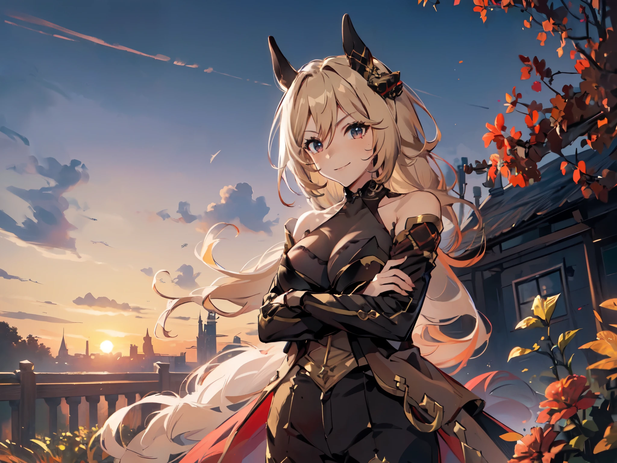 (Solo:2), (1 female:2), (Blonde, long hair, pants style), (Uma Musume, Durandal), (Horse ears), (Big breasts, arms crossed), (Short fingers, short arms), (Smiling, looking at camera), (Castle's red garden), (Sunset), (Focus on breasts), (Carefully drawn, amazing artwork, best quality, high resolution, 8K, detailed, delicate),