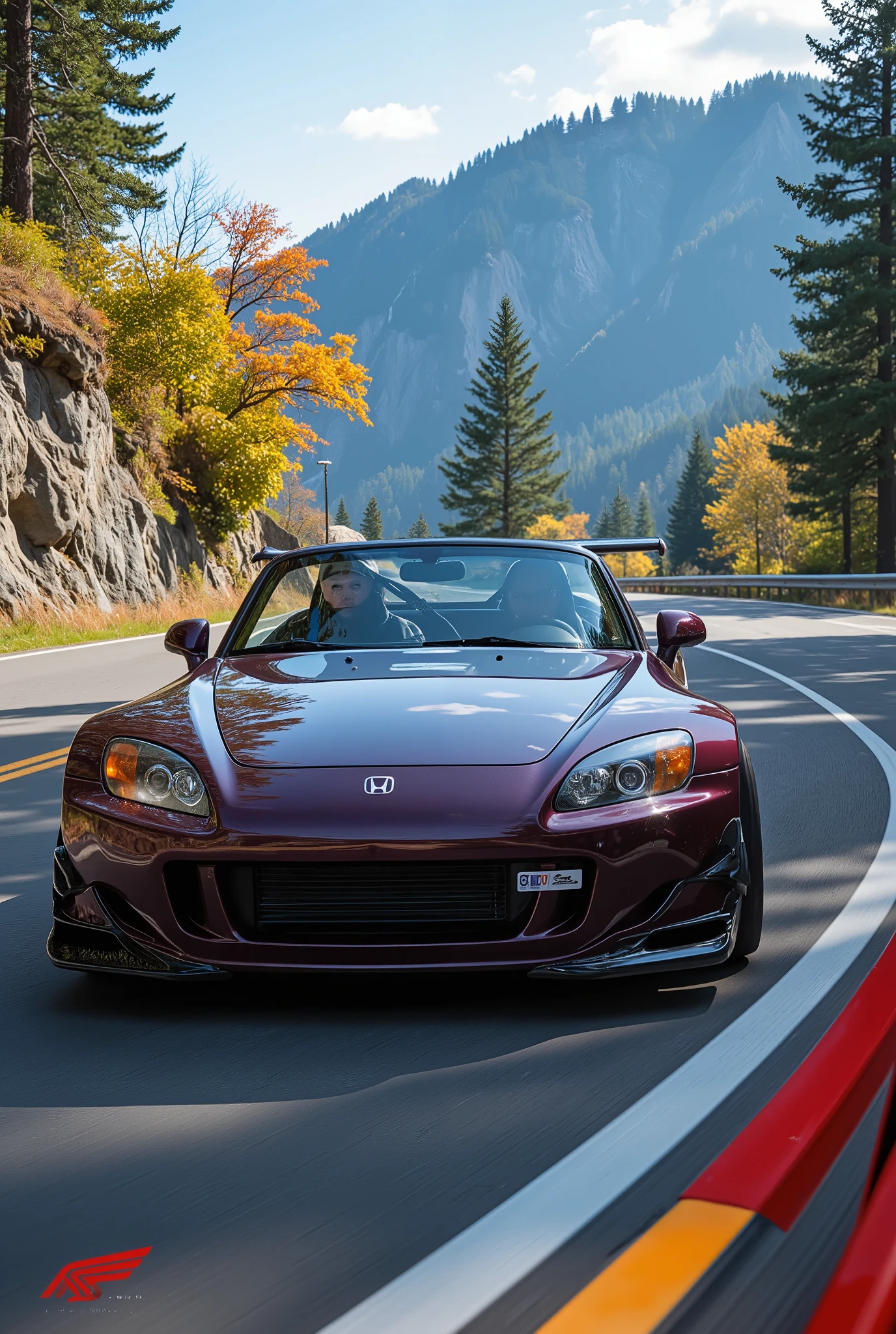 Arafed sports car driving down a winding road in the mountains - SeaArt AI