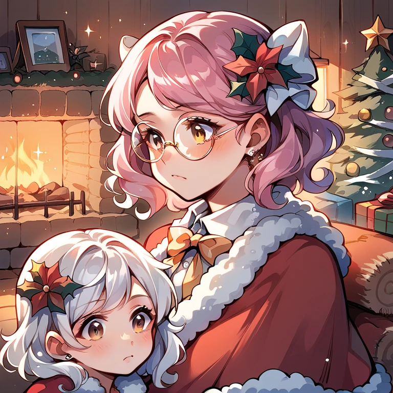 (score_9, score_8_ up, score_7_ up),  Source Anime ,  background,  indoor,  interior , winter, Log Cabin, fireplace, Sparkles ,  glitter, Fairy, Mountain,  break
plev ,  One girl ,  pink hair, short bob, wavy hair ,Round Glasses,  hair accessories,  hair bow, white  hair bow,   neck ribbon , yellow   neck ribbon ,   Hair Flower,  earrings for women with first name,  capelets, fur-trimmed  capelets,  Puffy Face , frown, ((close- up, face)),  Christmas (theme),   red shirt ,  dress, perfect hand, Arms at sides,  viewers, 3th3r34l,