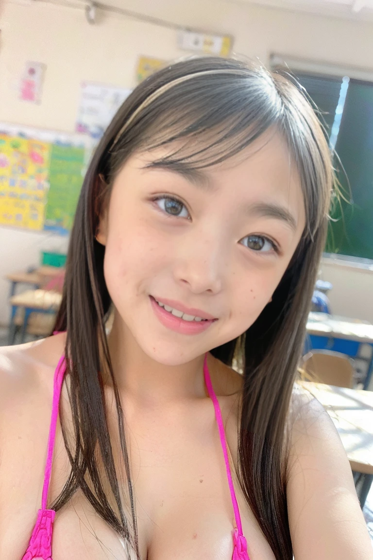 Alone、 high school girl、 Natural Body Shapes、 white skin、Natural Cosmetics 、 black hair、bangs、 long straight hair 、((( pink micro bikini)))、(huge breasts:1.5)、 school classroom、(( stare at the camera ))、 Sculpture Pose 、((( oily skin )))、 SMART BODY、 Raise your arms and show your armpits、Side attention、 Head-to-Chest Portrait 、(( face close-up ))