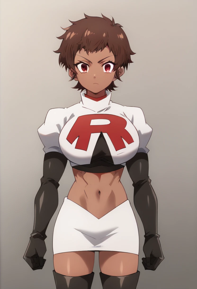 blossom, short hair, brown hair, dark-skinned female, 1girl, red eyes, solo, large breasts, muscular female, looking at viewer, team rocket,team rocket uniform,white skirt,red letter R,crop top,black thigh-highs,black elbow gloves, score_9, score_7_up,anime coloring ,source_anime, anime