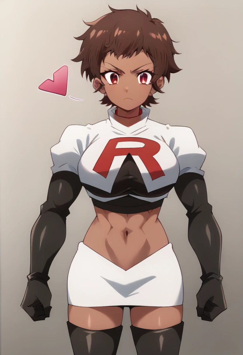 blossom, short hair, brown hair, dark-skinned female, 1girl, red eyes, solo, large breasts, muscular female, looking at viewer, team rocket,team rocket uniform,white skirt,red letter R,crop top,black thigh-highs,black elbow gloves, score_9, score_7_up,anime coloring ,source_anime, anime