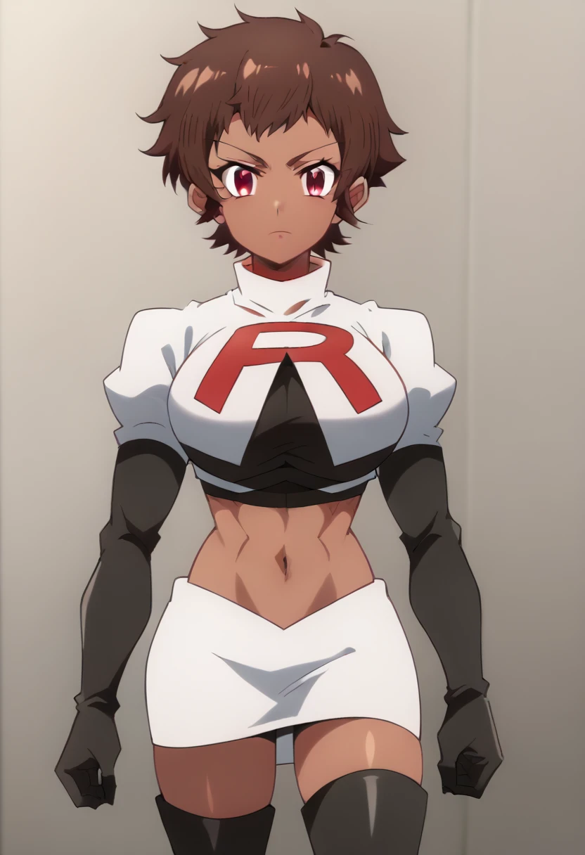 blossom, short hair, brown hair, dark-skinned female, 1girl, red eyes, solo, large breasts, muscular female, looking at viewer, team rocket,team rocket uniform,white skirt,red letter R,crop top,black thigh-highs,black elbow gloves, score_9, score_7_up,anime coloring ,source_anime, anime