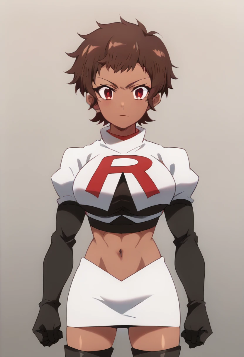 blossom, short hair, brown hair, dark-skinned female, 1girl, red eyes, solo, large breasts, muscular female, looking at viewer, team rocket,team rocket uniform,white skirt,red letter R,crop top,black thigh-highs,black elbow gloves, score_9, score_7_up,anime coloring ,source_anime, anime