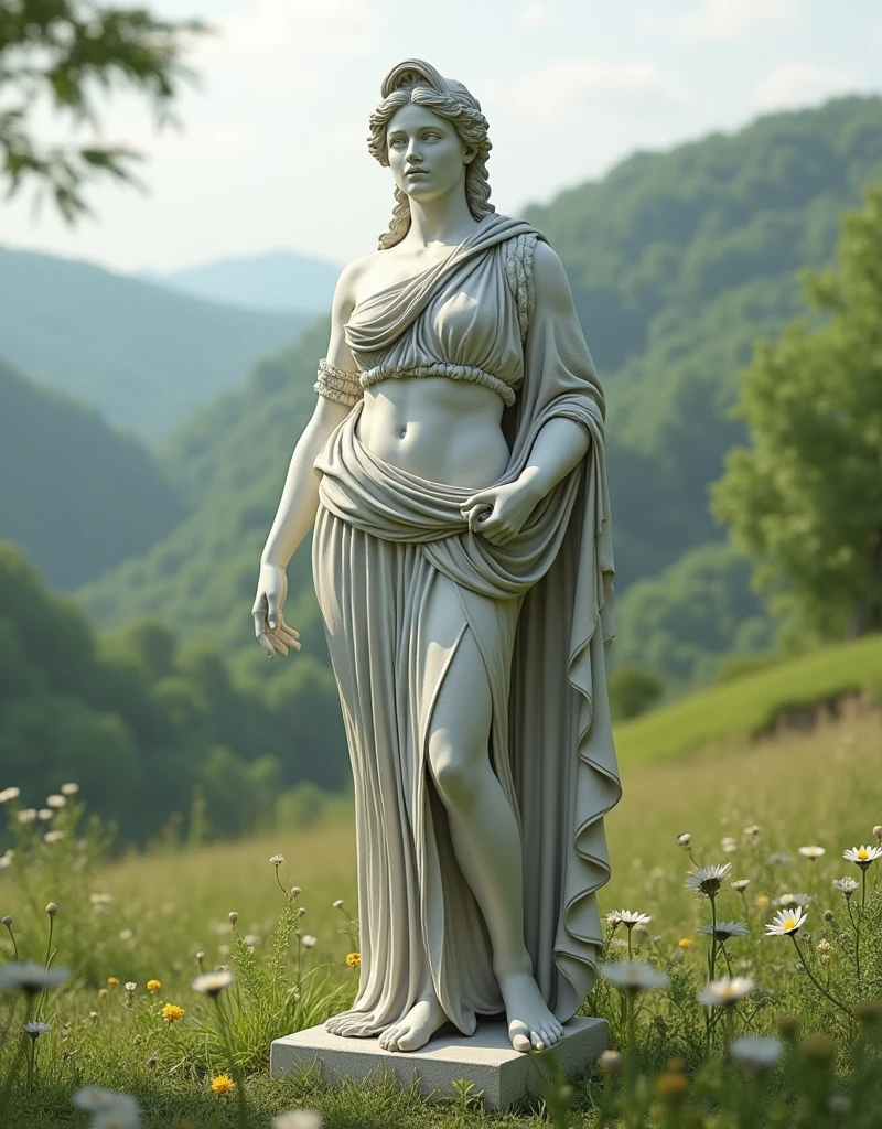 (medium full shot) of (magnificent stone statue) , , shield, located in a secluded park, enveloped in dense foliage, featuring winding trails, hidden benches, sparkling streams, vibrant flower beds, ,Masterpiece,best quality, raw photo, realistic, very aesthetic, dark