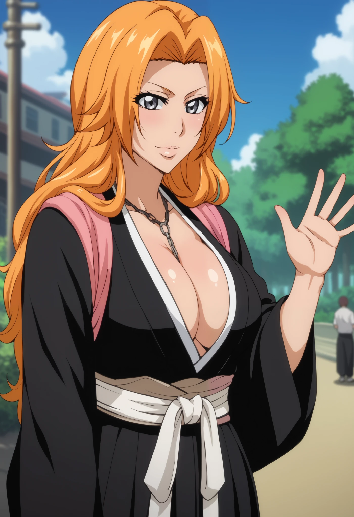 extremely detailed CG, high resolution, best quality, masterpiece, single woman, matsumoto rangiku (bleach), gray eyes, orange hair, loose-fitting black kimono (cleavage), white obi belt, black wide-legged hakama, confident expression, one hand on her waist, waving, outdoors