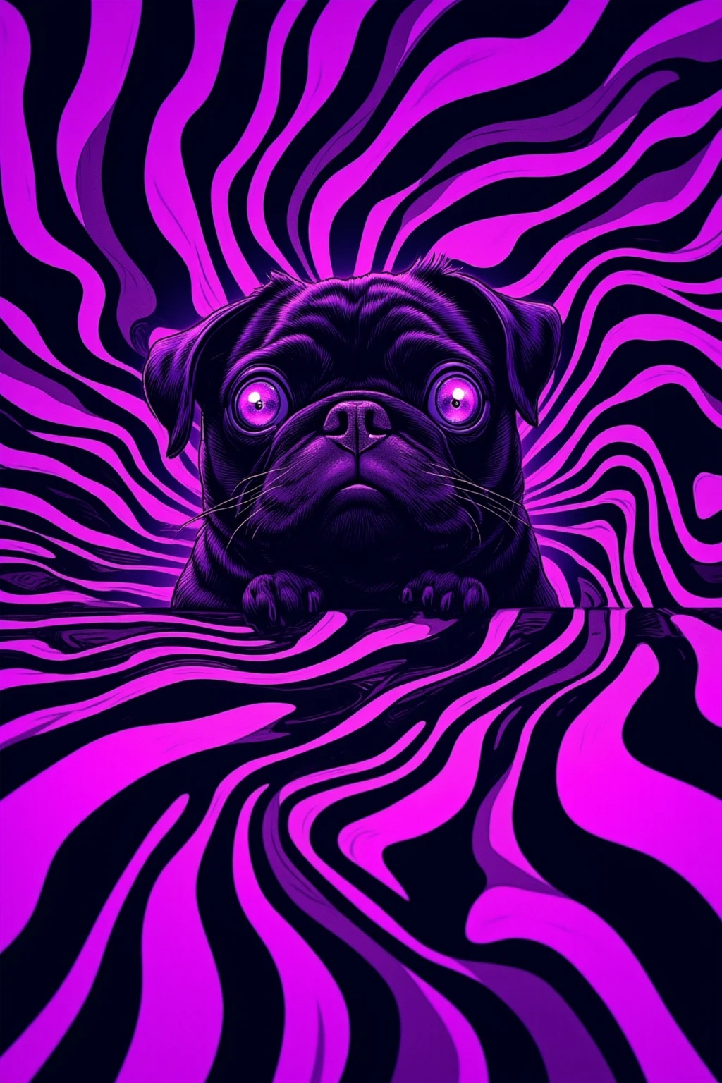  pug peeking out from purple and black striped background, purple pug , pug from emptiness ,Portrait of Lisa Frank ,  Violet Porsangi Pop Art,  LSD ripples , 輝く purple eyes,  alex grey pug , pug with laser eyes , Realistic Wavy Fabric , microscope cat ,  liquid dog , close-up of pug , Metal ears、 purple eyes