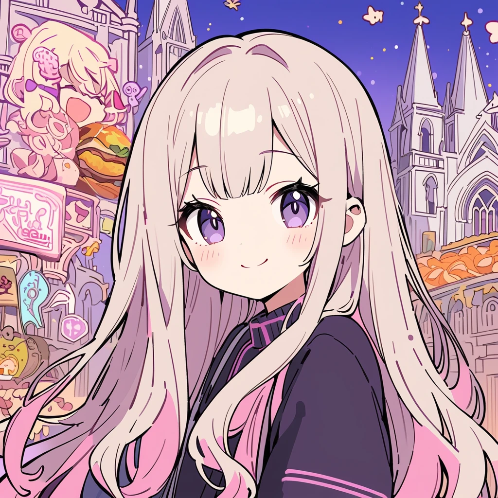  top quality ,  ultra detail showing the cathedral,  illustrations, cute,  girl, One person, Beige Hair,  long hair,  wave hair, detailed background, masterpiece,  top quality , smile, Decoration, Food,  portrait, Neon Pink, Doodle,  dark,  knight , bright eyes,  purple light 