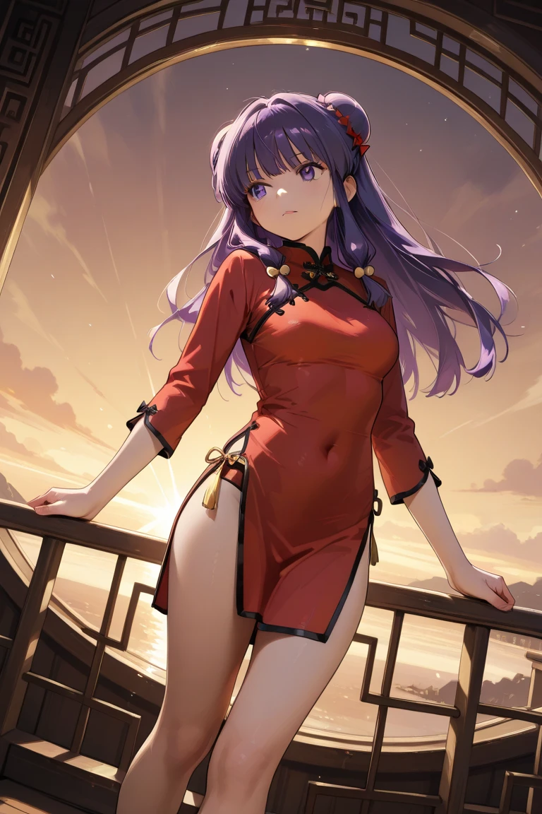 A   and  High resolution image of "Shampoo" [de ranma 1/2];  Chinese girl with long purple hair and twin bows; beautiful,sexual chair ornament; a ((red)) Chinese qipao (cheongsam) (Long shirt ) dress,  purple eyes; a red colored Chinese wedding scene in the .bottom; BREAK: quality\(8K,bottom de pantalla de unidad CG extremadamente detallada,  High resolution, top-quality, top-quality real texture skin,  hyperrealistic,  increase resolution ,  RAW Photos Box, best quality,  , The ,  golden ratio ,  high saturation realism ,  vibrant colors,  dramatic lighting ,  persuasive storytelling ,  atmospheric scenery ,  captivating images ,   intricate details , strong emotions , dream world\),(dynamic angle:1.4)