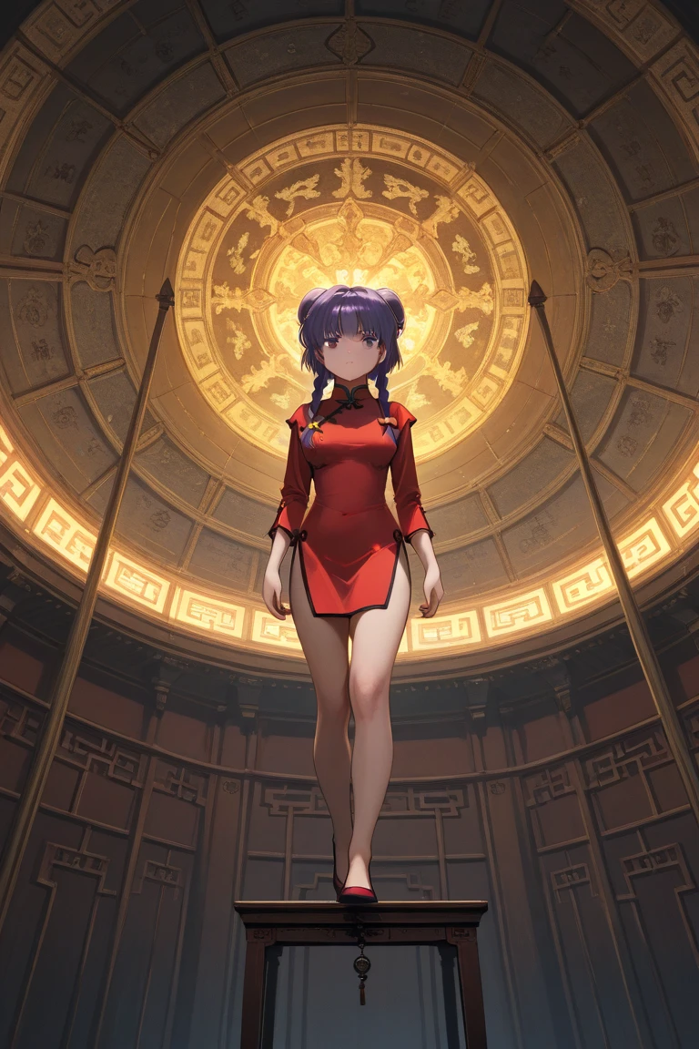 A   and  High resolution image of "Shampoo" [de ranma 1/2];  Chinese girl with long purple hair and twin bows; beautiful,sexual chair ornament; a ((red)) Chinese qipao (cheongsam) (Long shirt ) dress,  purple eyes; a red colored Chinese wedding scene in the .bottom; BREAK: quality\(8K,bottom de pantalla de unidad CG extremadamente detallada,  High resolution, top-quality, top-quality real texture skin,  hyperrealistic,  increase resolution ,  RAW Photos Box, best quality,  , The ,  golden ratio ,  high saturation realism ,  vibrant colors,  dramatic lighting ,  persuasive storytelling ,  atmospheric scenery ,  captivating images ,   intricate details , strong emotions , dream world\),(dynamic angle:1.4)