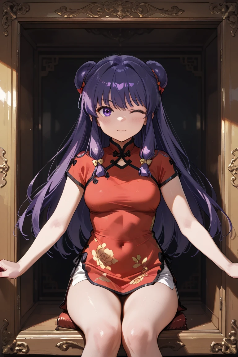 A   and  High resolution image of "Shampoo" [de ranma 1/2];  Chinese girl with long purple hair and twin bows; beautiful,sexual chair ornament; a ((red)) Chinese qipao (cheongsam) (Long shirt ) dress,  purple eyes; a red colored Chinese wedding scene in the .bottom; BREAK: quality\(8K,bottom de pantalla de unidad CG extremadamente detallada,  High resolution, top-quality, top-quality real texture skin,  hyperrealistic,  increase resolution ,  RAW Photos Box, best quality,  , The ,  golden ratio ,  high saturation realism ,  vibrant colors,  dramatic lighting ,  persuasive storytelling ,  atmospheric scenery ,  captivating images ,   intricate details , strong emotions , dream world\),(dynamic angle:1.4)