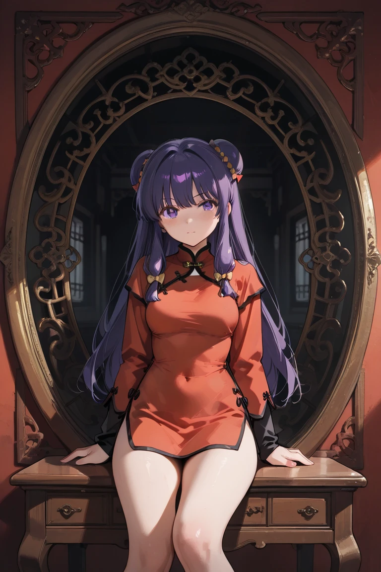 A   and  High resolution image of "Shampoo" [de ranma 1/2];  Chinese girl with long purple hair and twin bows; beautiful,sexual chair ornament; a ((red)) Chinese qipao (cheongsam) (Long shirt ) dress,  purple eyes; a red colored Chinese wedding scene in the .bottom; BREAK: quality\(8K,bottom de pantalla de unidad CG extremadamente detallada,  High resolution, top-quality, top-quality real texture skin,  hyperrealistic,  increase resolution ,  RAW Photos Box, best quality,  , The ,  golden ratio ,  high saturation realism ,  vibrant colors,  dramatic lighting ,  persuasive storytelling ,  atmospheric scenery ,  captivating images ,   intricate details , strong emotions , dream world\),(dynamic angle:1.4)