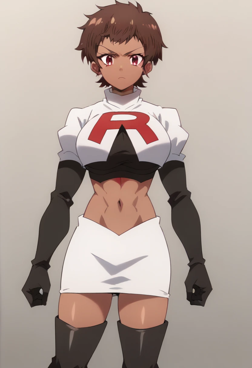 blossom, short hair, brown hair, dark-skinned female, 1girl, red eyes, solo, large breasts, muscular female, looking at viewer, team rocket,team rocket uniform,white skirt,red letter R,crop top,black thigh-highs,black elbow gloves, score_9, score_7_up,anime coloring ,source_anime, anime