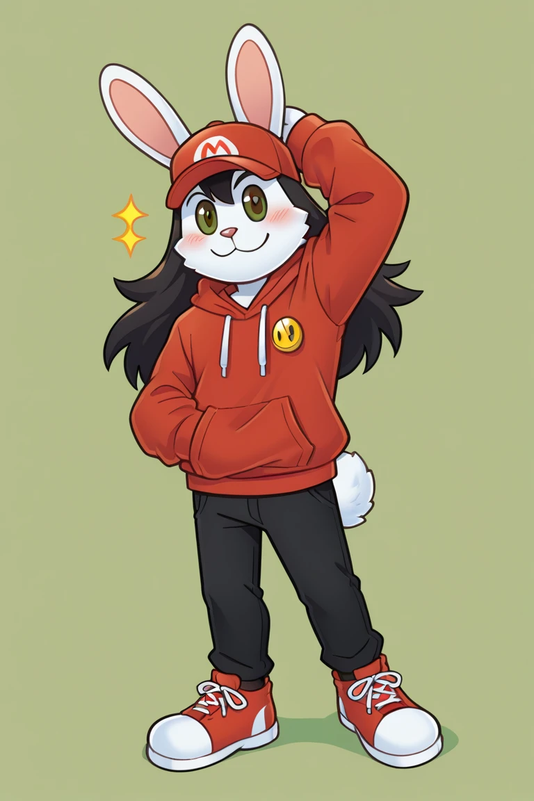 masterpiece, best quality, expressive eyes, perfect face, , furry bunny, white fur, bunny tail, white bunny ears, solo, surpriced, blushed, black hair, long hair, red baseball cap, black shirt, red hoodie, black sports pants, red sport shoes, brown eyes, full body, in a magic forest, male bunny, standing up, male, Mario 2D art style,