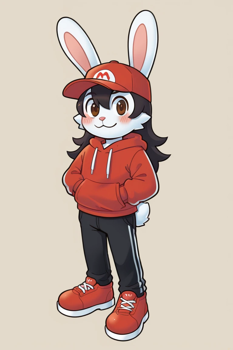 masterpiece, best quality, expressive eyes, perfect face, , furry bunny, white fur, bunny tail, white bunny ears, solo, surpriced, blushed, black hair, long hair, red baseball cap, black shirt, red hoodie, black sports pants, red sport shoes, brown eyes, full body, in a magic forest, male bunny, standing up, male, Mario 2D art style,