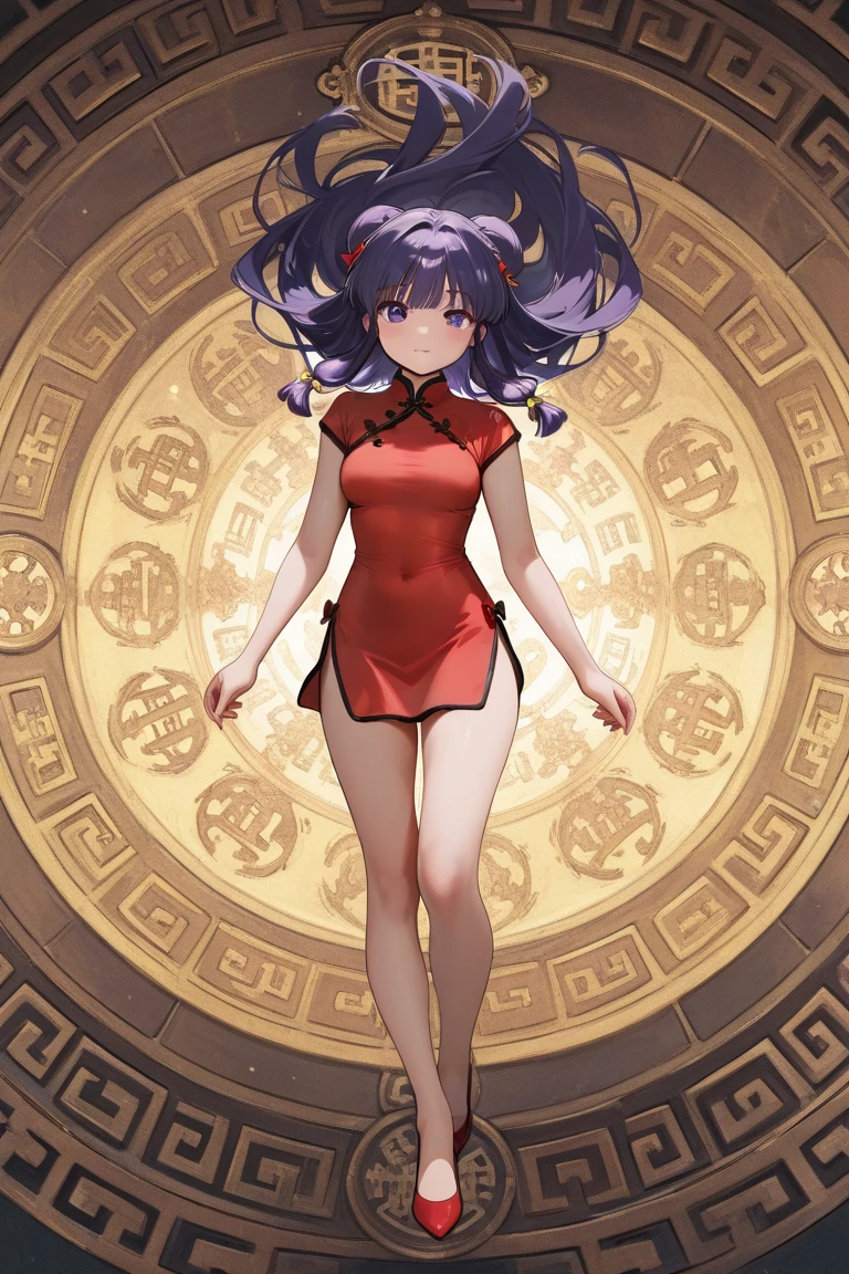 A   and  High resolution image of "Shampoo" [de ranma 1/2];  Chinese girl with long purple hair and twin bows; beautiful,  hair ornament; a ((red)) Chinese qipao (cheongsam) (Long shirt ) dress,  purple eyes;  bare arms ; bare legs; she is serving food inside a busy Chinese restaurant in the background; BREAK: quality\(8K, extremely detailed CG unit wallpaper ,  High resolution, top-quality, top-quality real texture skin,  hyperrealistic,  increase resolution ,  RAW Photos Box, best quality,  , The ,  golden ratio ,  high saturation realism ,  vibrant colors,  dramatic lighting ,  persuasive storytelling ,  atmospheric scenery ,  captivating images ,   intricate details , strong emotions , dream world\),(dynamic angle:1.4)