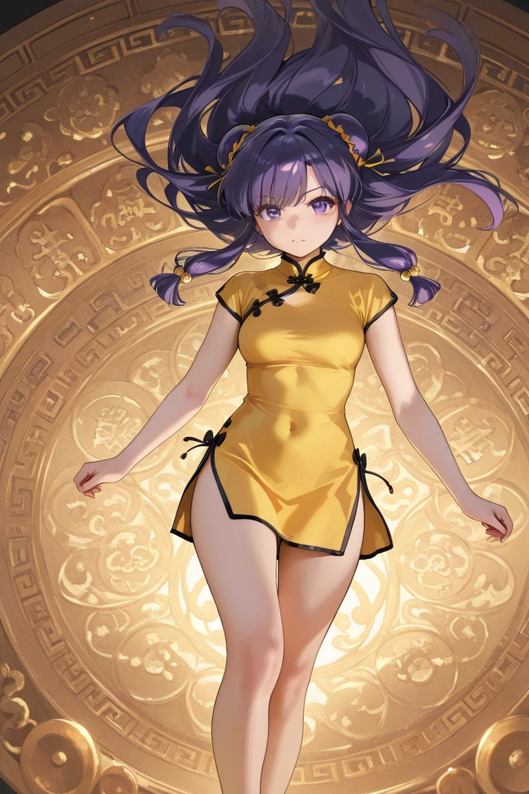 A   and  High resolution image of "Shampoo" [de ranma 1/2];  Chinese girl with long purple hair and twin bows; beautiful,  hair ornament; a ((red)) Chinese qipao (cheongsam) (Long shirt ) dress,  purple eyes;  bare arms ; bare legs; she is serving food inside a busy Chinese restaurant in the background; BREAK: quality\(8K, extremely detailed CG unit wallpaper ,  High resolution, top-quality, top-quality real texture skin,  hyperrealistic,  increase resolution ,  RAW Photos Box, best quality,  , The ,  golden ratio ,  high saturation realism ,  vibrant colors,  dramatic lighting ,  persuasive storytelling ,  atmospheric scenery ,  captivating images ,   intricate details , strong emotions , dream world\),(dynamic angle:1.4)