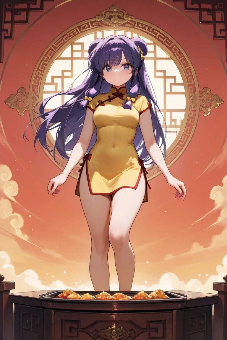 A   and  High resolution image of "Shampoo" [de ranma 1/2];  Chinese girl with long purple hair and twin bows; beautiful,  hair ornament; a ((red)) Chinese qipao (cheongsam) (Long shirt ) dress,  purple eyes;  bare arms ; bare legs; she is serving food inside a busy Chinese restaurant in the background; BREAK: quality\(8K, extremely detailed CG unit wallpaper ,  High resolution, top-quality, top-quality real texture skin,  hyperrealistic,  increase resolution ,  RAW Photos Box, best quality,  , The ,  golden ratio ,  high saturation realism ,  vibrant colors,  dramatic lighting ,  persuasive storytelling ,  atmospheric scenery ,  captivating images ,   intricate details , strong emotions , dream world\),(dynamic angle:1.4)