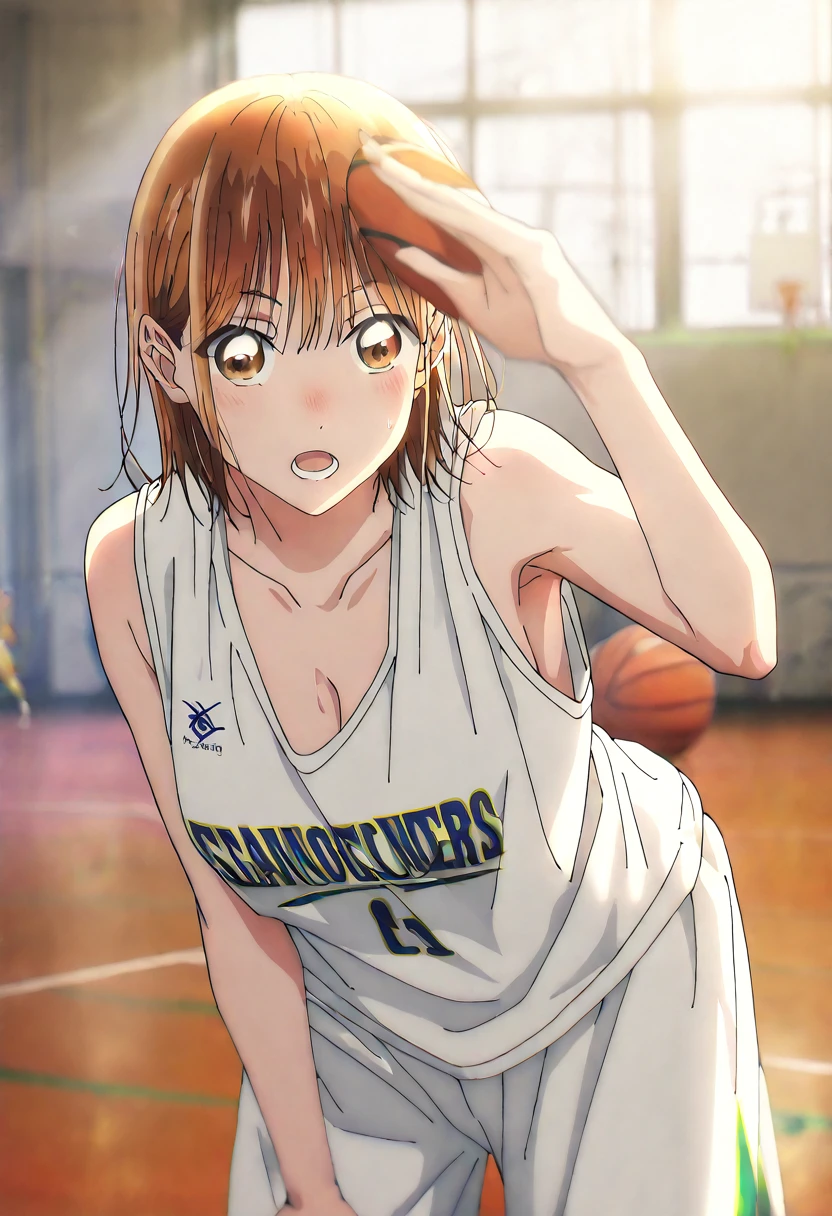       1 girl, Alone, Chinatsu,     Blurred Background,       brown eyes、       basketball uniform with a basketball in one hand 、  shirtless in the lobby、NSFW、      tank top 、Bibs、 Inside is black 、naked 、  Skindent 、   large areolas supporting breasts 、      lean forward     、   put your hands on your knees、      small 、belly button、Gym、       basketball only      、    viewers, masterpiece,  top quality,       High Quality     ,             very aesthetic         ,       absurd、(       sleeveless 、  basketball only      、side、side汗、  Armpit、 Raise your face  、Take the shot、Move)、execution、     hopeless、      sweated、In motion、 basketball ring      