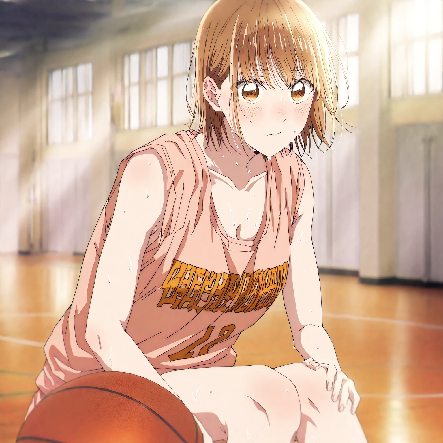       1 girl, Alone, Chinatsu,     Blurred Background,       brown eyes、       basketball uniform with a basketball in one hand 、  shirtless in the lobby、NSFW、      tank top 、Bibs、 Inside is black 、naked 、  Skindent 、   large areolas supporting breasts 、      lean forward     、   put your hands on your knees、      small 、belly button、Gym、       basketball only      、    viewers, masterpiece,  top quality,       High Quality     ,             very aesthetic         ,       absurd、(       sleeveless 、  basketball only      、side、side汗、   blush、 sweaty、Raise your face  、    dribble、Move)、execution、     hopeless、      sweated、In motion、 basketball ring      