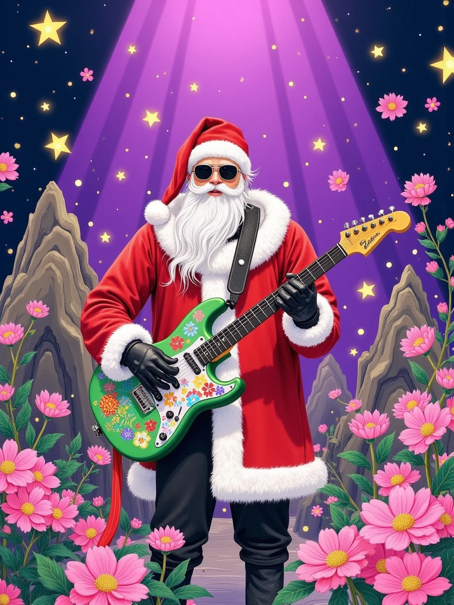 Illustration Art，The art of aesthetics， A festive scene 。 The center of the picture is a figure dressed as Santa Claus ， He's standing on the stage playing the electric guitar 。 The red Christmas costume worn by Santa Claus ， The white furry edge and big white beard are very conspicuous 。 Some black leather decorations on his costume ，It looks very cool 。  stage Wearing a red Christmas hat ， with white raw edges on the hat ， and he's also wearing a pair of sunglasses ， gives a stylish and unruly feeling 。 The electric guitar in his hand is decorated with colorful lights， There are some patterns on the guitar body ，It looks very gorgeous。  The stage background is full of festive elements ， The purple light shines from above ，It creates a dreamy atmosphere。 scene with lots of colorful lights scattered on the ， like a holiday lantern 。 can be seen in the background Some musical instruments and equipment ， suggests that this is a musical 。  The whole picture is brightly colored ，Full of festive atmosphere， also conveys a kind of rock energy and passion 。