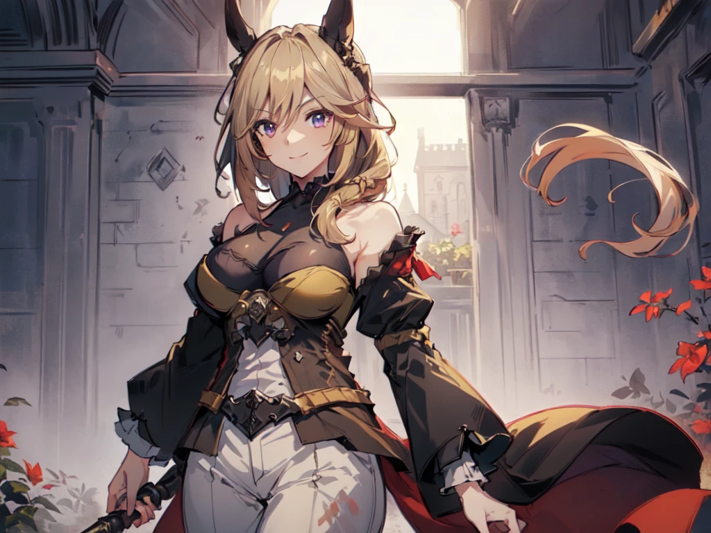 (Solo:2), (1 female:2), (Blonde, long hair, yellow top, white pants style), (Durandal), (Horse ears), (Big breasts), (Short fingers, short arms), (Smiling, looking at camera), (Red Castle garden), (Sunset), (Focus on chest), (Carefully drawn, amazing artwork, best quality, high resolution, 8K, detailed, delicate),