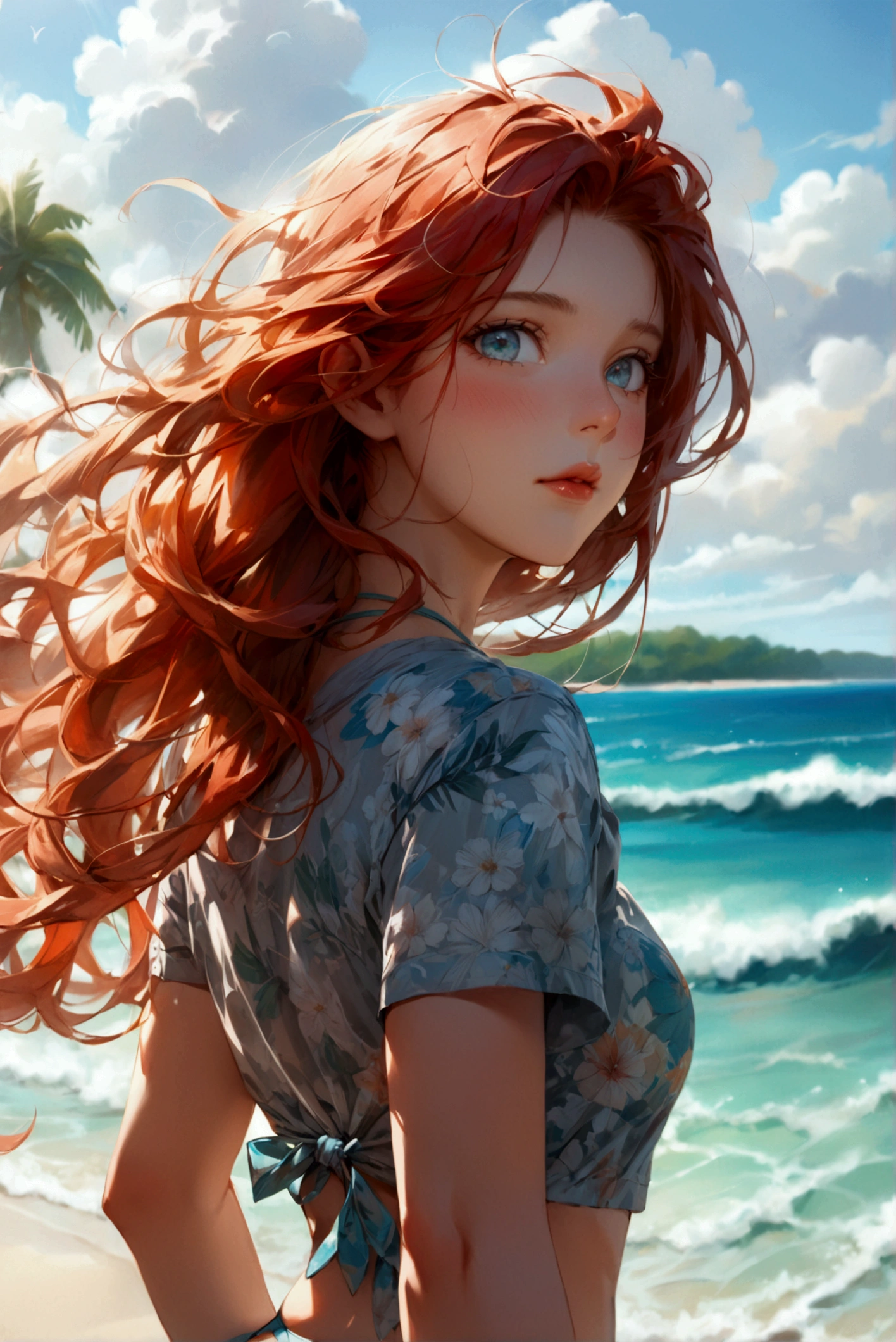 (best quality,ultra-detailed,photo-realistic:1.37), A full-body cinematic shot from below captures a young and cheerful Irish woman at leisure walking on the sandy shore. Under the blue sky with fluffy white clouds, her long wavy red hair is flowing in the ocean breeze, as she subtle looking back at the camera, giving the view a gentle blush. Her square face is adorned with pale-green slanted eyes, low cheek bones, Roman nose, square chin and glossy lips. Her cool-undertone fair complexity matches very well with her beach outfit featuring a gray t-shirt paired with a tiffany-blue bikini pants in floral print, accentuating her carefree moment at the beach. The shot is set against an aquamarine coastline in the evening overlooking the deep blue ocean, and tropical flora swaying in the gentle breeze. (full-body shot), (anatomically correct), (walking), (looking back the viewer), (from below), (square face, square chin, slanted eyes), intricate details, very fine, ((wide angle)), (gray t-shirt, bikini pants), vibrant colors