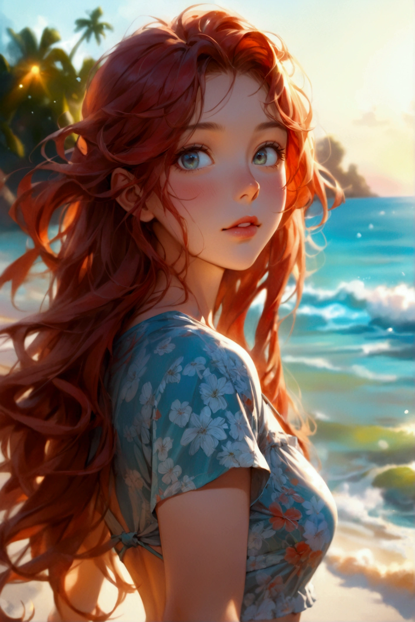 (best quality,ultra-detailed,photo-realistic:1.37), A full-body cinematic shot from below captures a young and cheerful Irish woman at leisure walking on the sandy shore. Under the blue sky with fluffy white clouds, her long wavy red hair is flowing in the ocean breeze, as she subtle looking back at the camera, giving the view a gentle blush. Her square face is adorned with pale-green slanted eyes, low cheek bones, Roman nose, square chin and glossy lips. Her cool-undertone fair complexity matches very well with her beach outfit featuring a gray t-shirt paired with a tiffany-blue bikini pants in floral print, accentuating her carefree moment at the beach. The shot is set against an aquamarine coastline in the evening overlooking the deep blue ocean, and tropical flora swaying in the gentle breeze. (full-body shot), (anatomically correct), (walking), (looking back the viewer), (from below), (square face, square chin, slanted eyes), intricate details, very fine, ((wide angle)), (gray t-shirt, bikini pants), vibrant colors