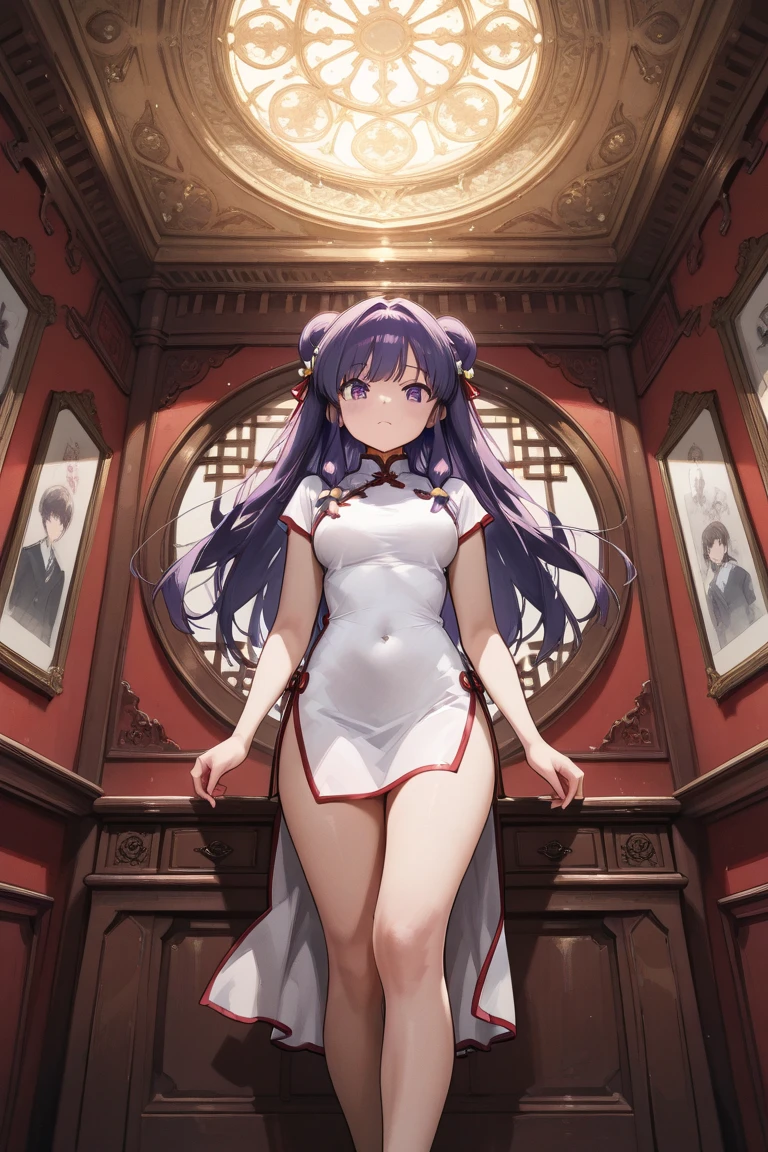 A   and   High resolution image of "Shampoo" [de ranma 1 /2];    Chinese girl with long purple hair and twin ribbons ;  beautiful,   hair ornament; a ((red)) Chinese qipao (cheongsam) (Long shirt ) dress,   purple eyes;   bare arms  ; bare legs; a red colored Chinese wedding scene in the .bottom; BREAK: quality\(8K,bottom de pantalla de unidad CG extremadamente detallada,   High resolution, top-quality, top-quality real texture skin,   hyperrealistic,   increase resolution  ,   RAW photo box , best quality,  ,  ,   golden ratio  ,   high saturation realism  ,   vibrant colors,   dramatic lighting  ,   persuasive storytelling  ,   atmospheric scenery  ,   captivating images  ,     intricate details  , strong emotions  , dream world\),(dynamic angle:1.4)