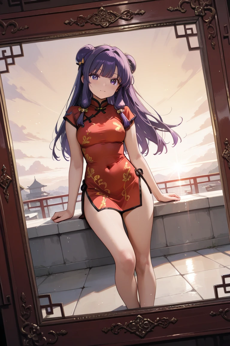 A   and   High resolution image of "Shampoo" [de ranma 1 /2];    Chinese girl with long purple hair and twin ribbons ;  beautiful,   hair ornament; a ((red)) Chinese qipao (cheongsam) (Long shirt ) dress,   purple eyes;   bare arms  ; bare legs; a red colored Chinese wedding scene in the .bottom; BREAK: quality\(8K,bottom de pantalla de unidad CG extremadamente detallada,   High resolution, top-quality, top-quality real texture skin,   hyperrealistic,   increase resolution  ,   RAW photo box , best quality,  ,  ,   golden ratio  ,   high saturation realism  ,   vibrant colors,   dramatic lighting  ,   persuasive storytelling  ,   atmospheric scenery  ,   captivating images  ,     intricate details  , strong emotions  , dream world\),(dynamic angle:1.4)