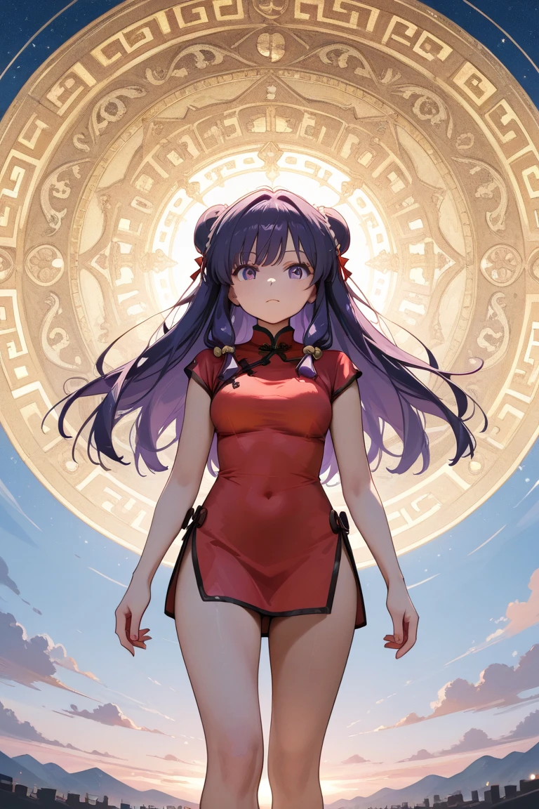 A   and   High resolution image of "Shampoo" [de ranma 1 /2];    Chinese girl with long purple hair and twin ribbons ;  beautiful,   hair ornament; a ((red)) Chinese qipao (cheongsam) (Long shirt ) dress,   purple eyes;   bare arms  ; bare legs; a red colored Chinese wedding scene in the .bottom; BREAK: quality\(8K,bottom de pantalla de unidad CG extremadamente detallada,   High resolution, top-quality, top-quality real texture skin,   hyperrealistic,   increase resolution  ,   RAW photo box , best quality,  ,  ,   golden ratio  ,   high saturation realism  ,   vibrant colors,   dramatic lighting  ,   persuasive storytelling  ,   atmospheric scenery  ,   captivating images  ,     intricate details  , strong emotions  , dream world\),(dynamic angle:1.4)