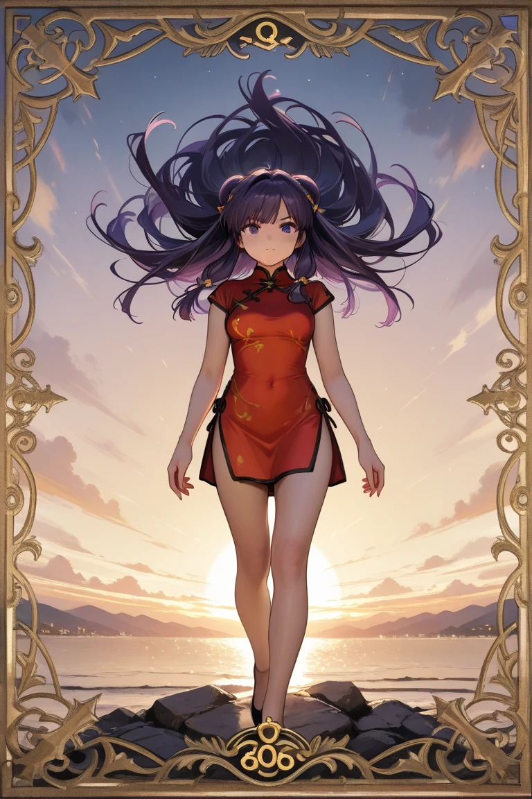 A   and   High resolution image of "Shampoo" [de ranma 1 /2];    Chinese girl with long purple hair and twin ribbons ;  beautiful,   hair ornament; a ((red)) Chinese qipao (cheongsam) (Long shirt ) dress,   purple eyes;   bare arms  ; bare legs; a red colored Chinese wedding scene in the .bottom; BREAK: quality\(8K,bottom de pantalla de unidad CG extremadamente detallada,   High resolution, top-quality, top-quality real texture skin,   hyperrealistic,   increase resolution  ,   RAW photo box , best quality,  ,  ,   golden ratio  ,   high saturation realism  ,   vibrant colors,   dramatic lighting  ,   persuasive storytelling  ,   atmospheric scenery  ,   captivating images  ,     intricate details  , strong emotions  , dream world\),(dynamic angle:1.4)