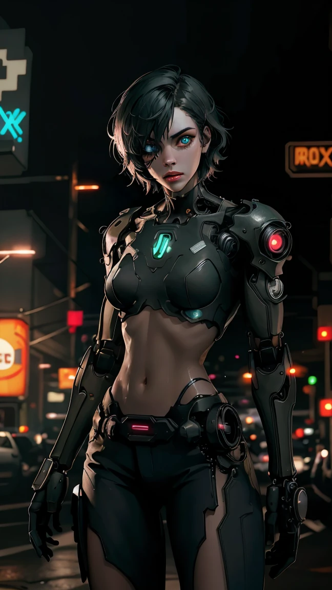 a cyberpunk female android with cybernetic body modifications, techarmor, lilac short hair, eyepatch, intricate cyberpunk mechanical details, dramatic lighting, neon cyberpunk city background, (best quality,4k,8k,highres,masterpiece:1.2),ultra-detailed,(realistic,photorealistic,photo-realistic:1.37),highly detailed face and eyes,octane render,unreal engine,cinematic lighting,cinematic composition,moody colors,neon lights,gritty cyberpunk atmosphere