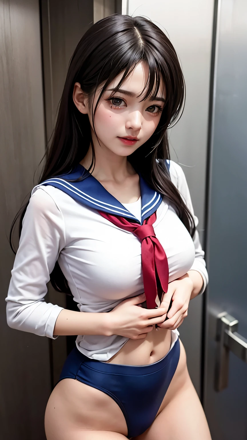 (8K、RAW Photos、maximum quality、Masterpiece artwork:1.2)、(realisitic、Photorealistic:1.2)、1 girl、((white shirt with long sleeves、a sailor suit、red necktie、Navy blue pleated skirt))、(high school girl)、age 28、Roll up skirt、big eyelash girls、Lame in dark red eyelids to the knee、Skeletally correct、open groin、wavy twintails、cute smile、sweaty body、attractive body beautiful perfect body、Emphasis on line V、hands behind head、、