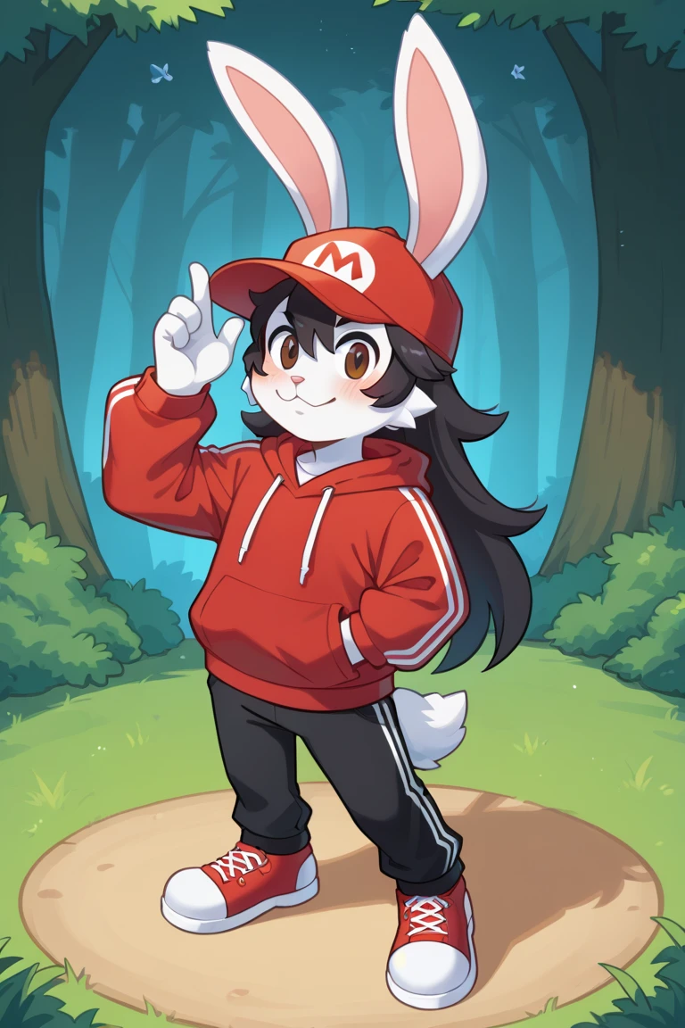 masterpiece, best quality, expressive eyes, perfect face, , furry bunny, white fur, bunny tail, white bunny ears, solo, surpriced, blushed, black hair, long hair, red baseball cap, black shirt, red hoodie, black sports pants, red sport shoes, brown eyes, full body, in a magic forest, male bunny, standing up, male, Mario 2D art style,