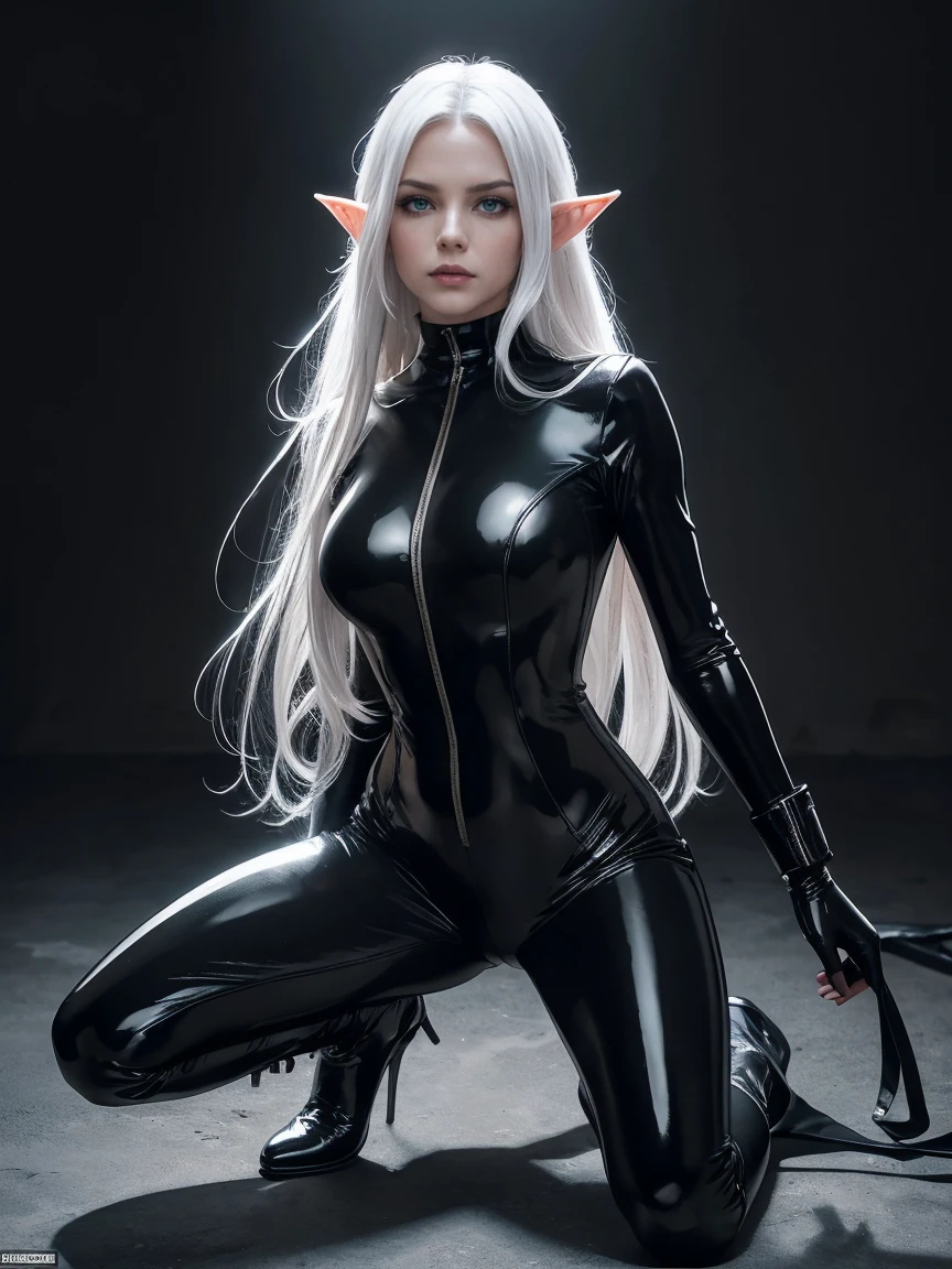 super fine photo, portrait Unreal Engine 5 8K UHD of malicious beautiful girl, sexy, elf, long White hair, Green eyes, crouching in a skin, tight black latex outfit, the whole body is covered with black latex, slick black catsuit, black iconic character, smooth black skin, black body, PVC, some black, latex suit, rubber suit, collar, rubber glove, rubber high boots, arm and leg cuffs, straps, best quality, masterpiece, official art, unified 8k wallpaper, super detailed, sharp focus, Full length, legs open, her back, erotically Sits backwards on a chair, body parts, no extra limbs, precisely anatomy