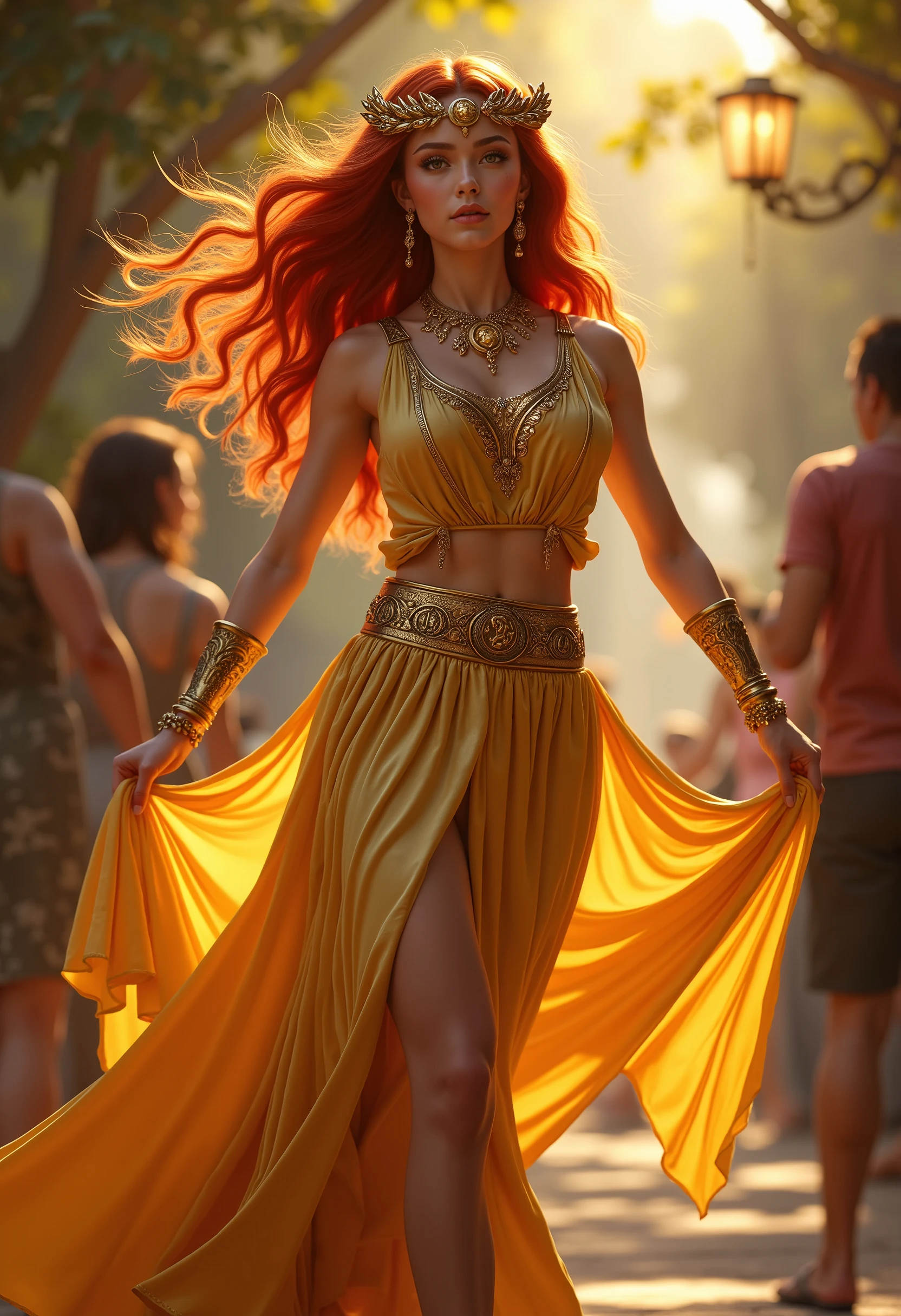 A red-haired photo model wears a short golden transparentEgyptian poncho, with bare shoulders, as she runs along the quayside of a river flowing through a futuristic Egyptian city with her hair blowing.