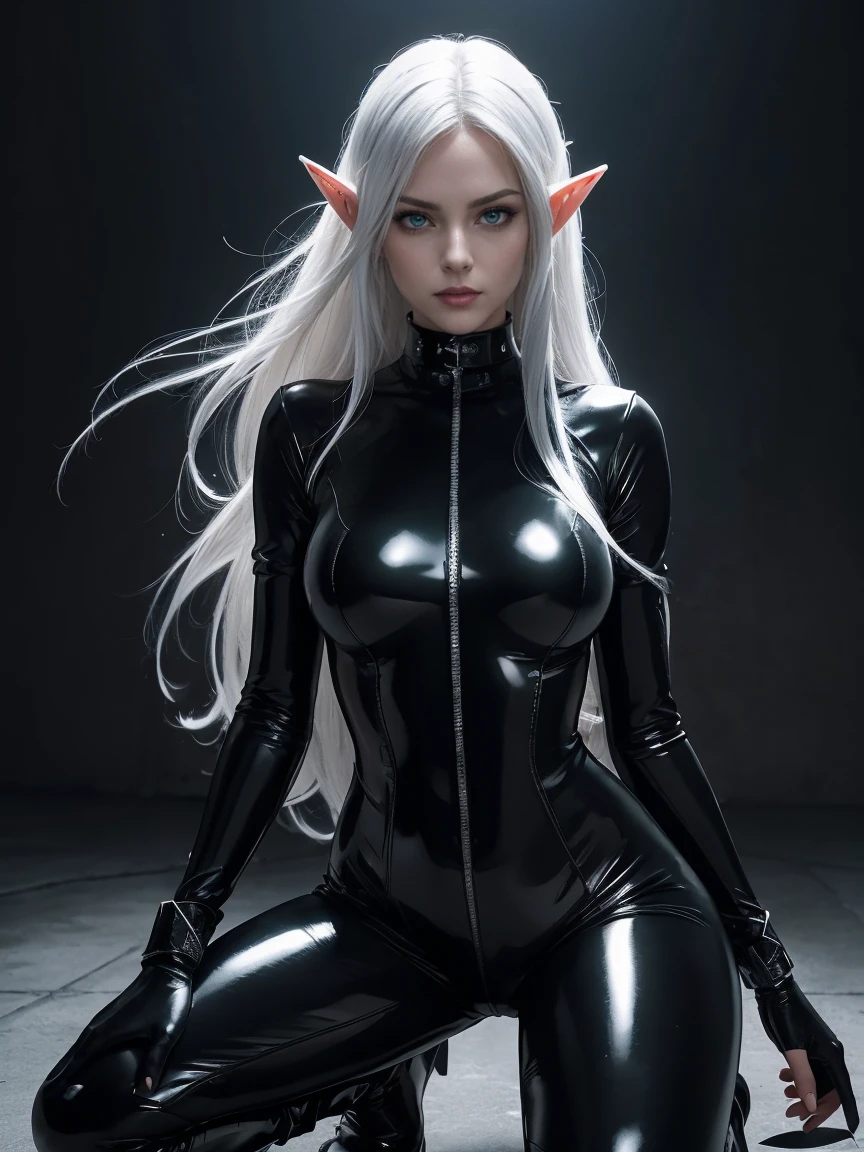 solo, super fine photo, portrait Unreal Engine 5 8K UHD of malicious gothic beautiful girl, sexy, elf, long White hair, Green eyes, crouching in a skin tight black latex outfit, sensual pose, slick black catsuit, black iconic character, smooth black skin, black body, PVC, some black, futuristic glossy latex suit, rubber suit, collar, rubber glove, rubber high boots, arm and leg cuffs, straps, best quality, masterpiece, official art, unified 8k wallpaper, super detailed, sharp focus, dynamic pose, body parts, no extra limbs, precisely anatomy