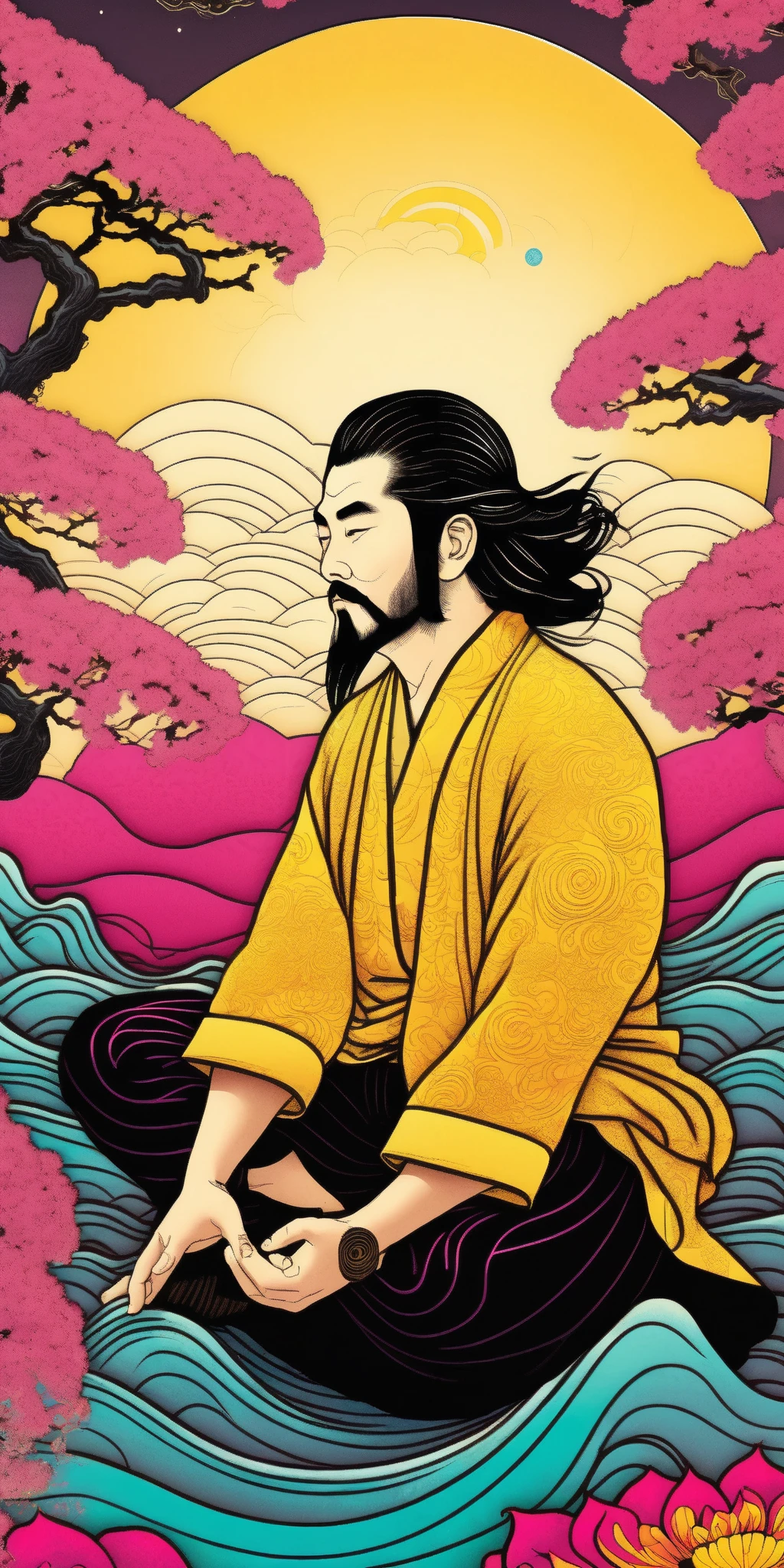  Kilian style eng poster :  a 35 year old Latino man wearing casual chino pants and casual black t-shirt with his back sitting in lotus flower with not so long wavy hair, The weather is cool ,  meditating in nature sitting ,  on the back says  "Amor y Anarquia ", not duotone,   vibrant colors magenta and yellow  ,  inspired by graphic novel ,  Detailed comic art ,  in the style of Kilian Eng ,   in the style of Japanese woodcuts  , realism,  luminous and dreamlike scenes 