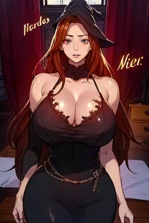 1mulher, Madura, milf, high 1.90 CM, witch costume, Woman around 25 years old, golden hair(blonde), long hair, Witch hat, red eyes, ultra realistic eyes, eyes with good anatomy, eyes well aligned with the face, ultra detailed eyes , corpo sexy,  curvy body , slim waist, wide hips, Long black dress, big breasts (torn), seios empinados, Posing at night , lua, Dark living room, looking at the viewer 