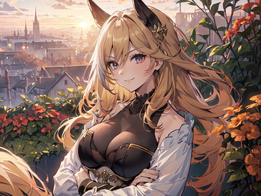 (Solo:2), (1 female:2), (Blonde, long hair, yellow top, white pants style), (Durandal), (Short fingers, short arms, short legs), (Horse ears), (Large breasts, arms crossed), (Smiling, looking at camera), (Red Castle garden), (Sunset), (Focus on breasts), (Carefully drawn, amazing artwork, best quality, high resolution, 8K, detailed, delicate),