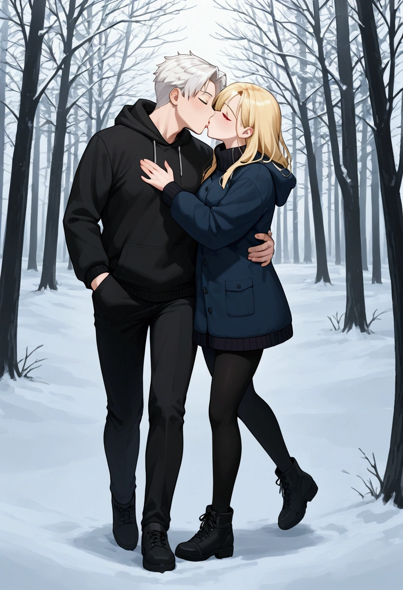 Tall handsome man in a black sweatshirt with blonde hair and blue eyes walking through a winter forest with his arm around a SHORT woman with white hair and red eyes wearing modern winter clothes. The man kisses the side of the woman’s head with eyes closed. 