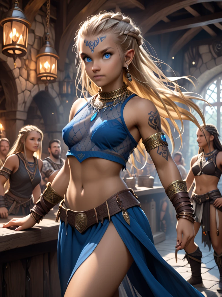 Detailed, realistic, dark fantasy world, Dungeons  and Dragons, 1 young girl, , ***ite, short, muscular, young looking face, 3/4 body view, fantasy world, , Nordic features, long blonde hair, blue eyes, braided hair, ((small breasts)), extensive tribal tattoos, excited, seductive, see-through cloth, nude, metallic choker, jewelry, gold arm and leg bands, waist chain, dancing seductively, medieval tavern, Surrounded by otherworldly beings and enigmatic patrons who cheer her on, dungeon and dragon