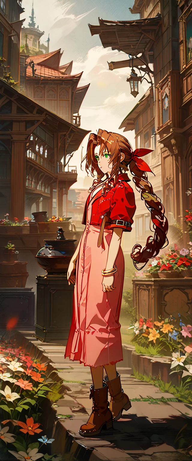 ((masterpiece), (best quality), (8k), (4k)), ((girl)), ((Final Fantasy VII), (Aerith Gainsborough)), ((brown hair), (high middle bang), (longer side curly bang), (long tight curly ponytail like braid)), ((green eyes), (red hair ribbon), (red bolero jacket), (short sleeve jacket), (cropped jacket), (black tie choker)), ((long pink straight dress), (brown boots), (bangles)), walking in a garden, flowers, detailed background, inspired by Asukaziye artist : ask, art style : ask