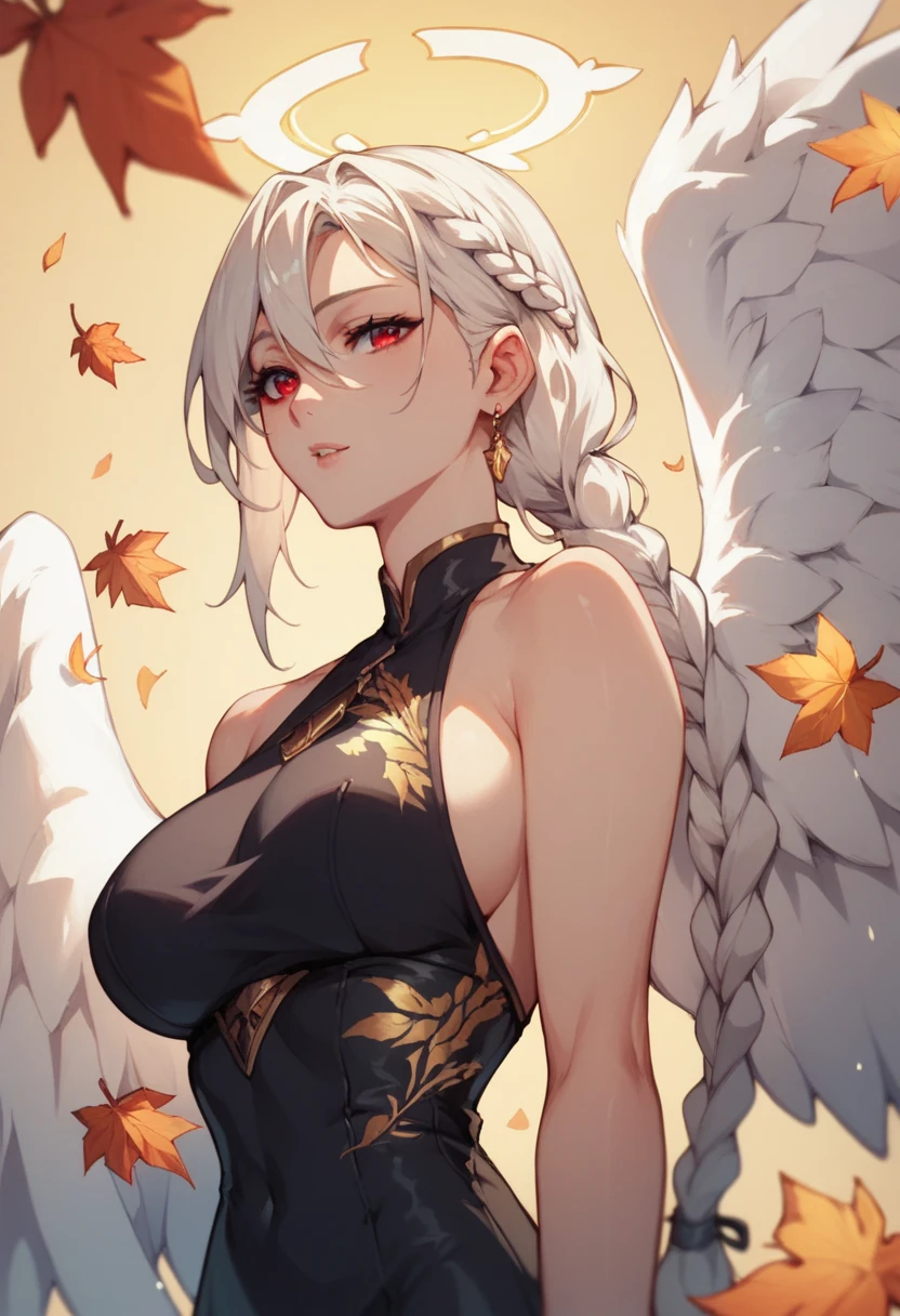 Woman, white hair, braided ponytail, Black dress with golden leaves print Neckline , Red eyes ,Big breasts,Six large angel wings,