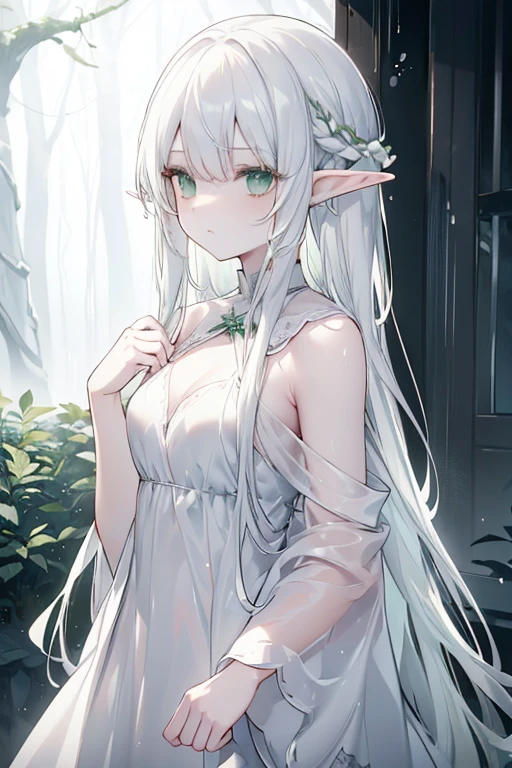 (elf), (white hair, green eyes), (forest, mist, side lighting, best lighting), dark theme, (thin white dress)