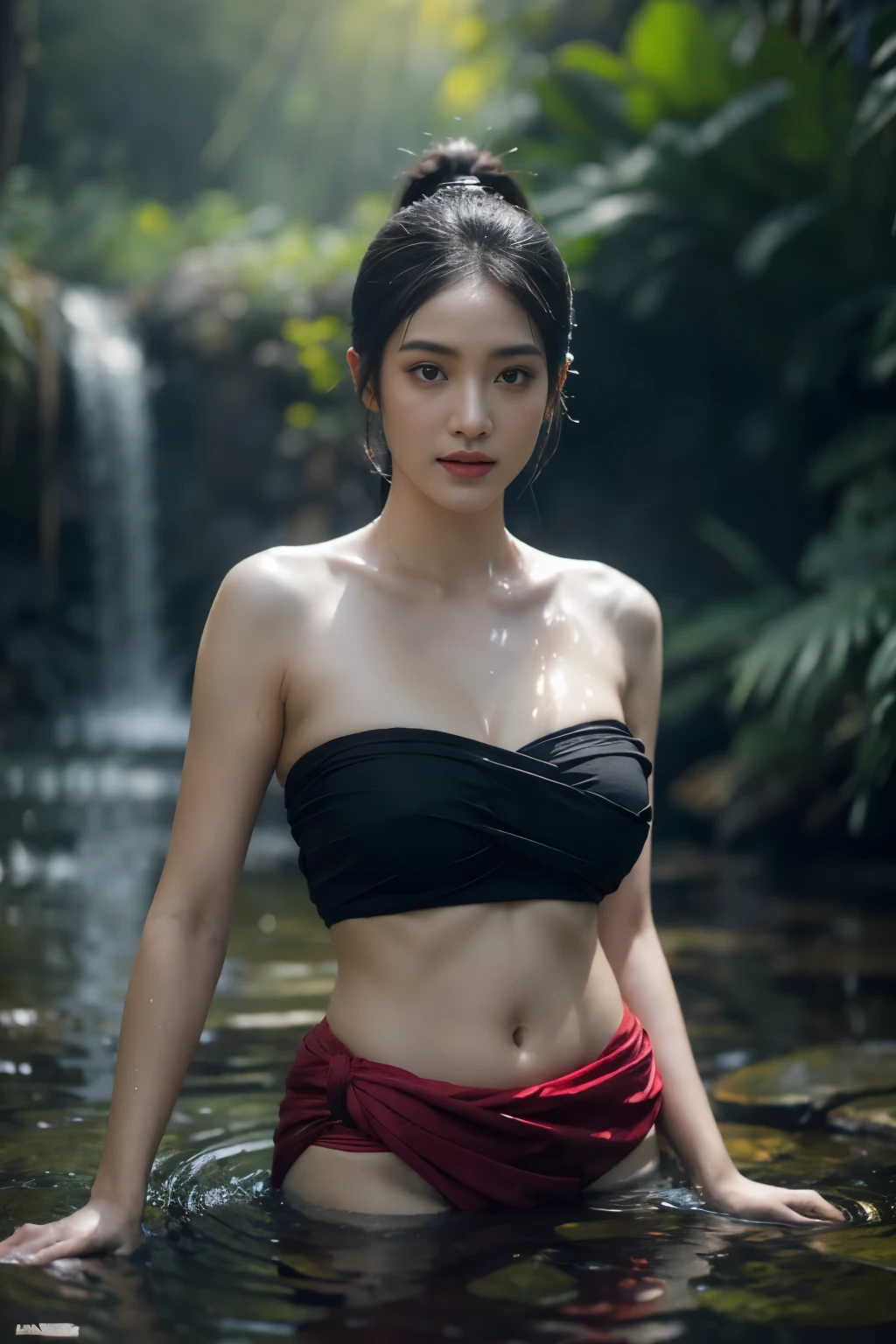 beautiful girl ,Thai female warrior, showering in a swiming pool at the forest, dynamic poses, Red and black strapless shirt, long ponytail,black eyes,abdominal muscles,plump body, rounded chest, (big breast:1.3), rift, morning sun,staring at the audience, rain, (dynamic poses), shower, shower poses, ((face details)),Double eyelids, finished, (Backlight), realistic, Masterpiece, Highest quality, lens flare, shade, in full bloom, [[Chromatic aberration]], By Jeremy Lipking, By Antonio J.. Manzanedo, digital painting, HDR, high contrast
