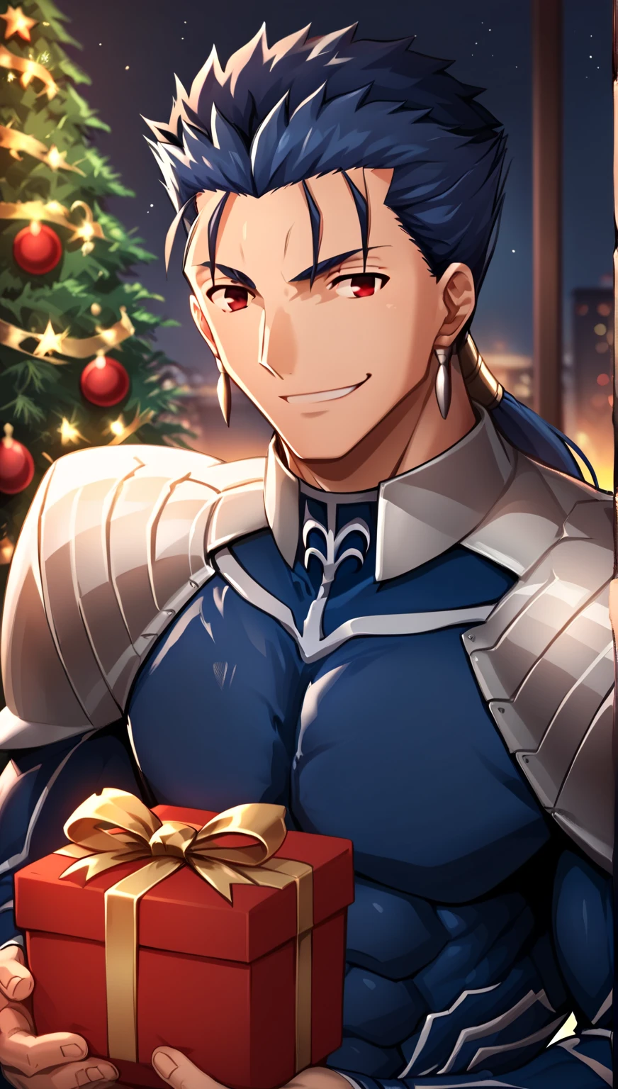 score_7_up,score_6_up,score_5_up,score_4_up,source_anime,lancer_fsn, blue-haired man, red eyes, with a ponytail at the nape of his neck, with a good, slightly muscular body fate/stay night, earrings and armor with a very cheerful flirtatious smile sitting holding a Christmas present.