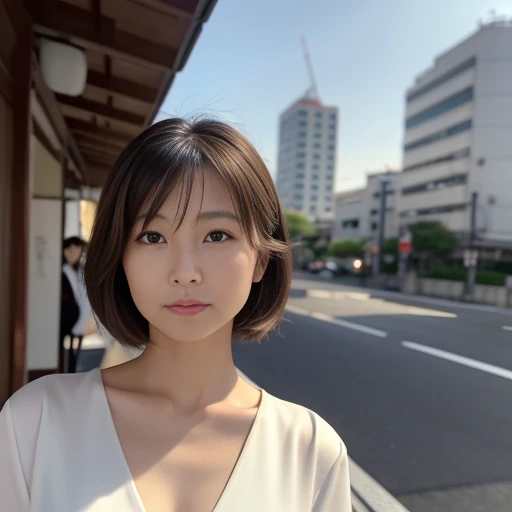  Japanese women, 40 years old,  realistic ,  Photorealistic ,  Realistic body shape ,  very detailed,  top quality , 8k,  Sharp Focus,  high res, Ideal ratio, Light Makeup, Ash Hair, I can see my chest a little, { white blouse},  with a stylish cafe in Tokyo in the background,  bust up,  selfie